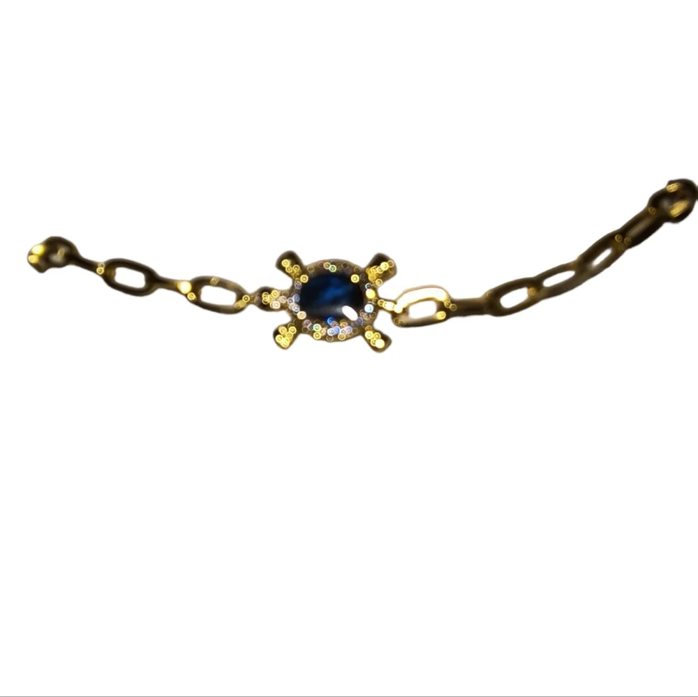 Cute Gold Tone Stainless Steel Bracelet w/ Blue Crystal Turtle